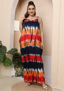Detail of colorful tie-dye plus size floor-length maxi dress with thin shoulder straps
