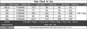 Gedetailleerde maattabel in CM voor plus-size bodysuits van maat 0XL tot maat 4XL