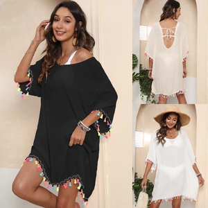 Bohemian Colored Tassel Beach Cover Up For Women Loose V Neck Backless Swimsuit Bikini Coverups Summer Vacation Dress