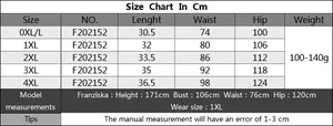 Tableau des tailles détaillé pour shorts grande taille avec mesures de taille et de hanches