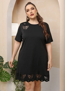 Plus size black short sleeve A-line dress featuring butterfly laser cut-out details
