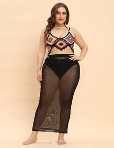 Plus size crochet halter top with fringe and high waist mesh skirt beach vacation set