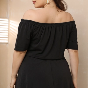 Plus size off-the-shoulder black maxi dress with short sleeves and fitted waist