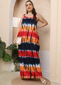 Plus size colorful tie-dye maxi dress with thin straps and floor-length loose silhouette