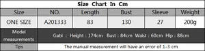 Size chart for women beach cover-up showing length, bust, and sleeve measurements