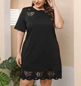 Plus size black short sleeve A-line dress featuring butterfly hollow out lace patterns