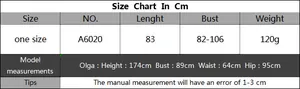 Size chart for crochet beach cover-up showing length and bust measurements for one size