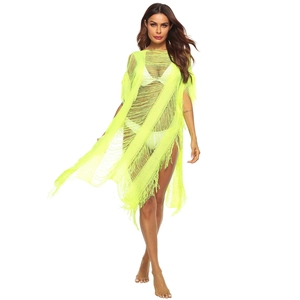 Fluorescent yellow-green hollow knit beach cover-up with long fringe tassels