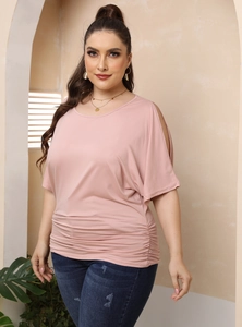 Detail view of pink plus size cold shoulder batwing sleeve T-shirt with ruched hem detail