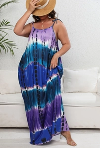 Detail of blue and purple vertical tie-dye stripes on a lightweight maxi sundress