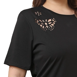 Plus size black A-line mini dress with laser-cut butterfly and floral hollow patterns