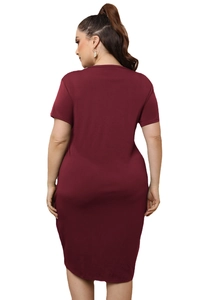 Plus size burgundy short sleeve dress with tie-back detail and irregular hem design