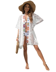 Women's Bohemian White Lace Beach Cover-Up With Crochet Floral Patchwork Sexy See-Through Sun Protection Kimono Cardigan