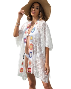 White lace beach cover-up with bohemian handmade crochet floral trim and open front