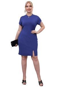 Women Plus Size Ribbed Knit Bodycon Midi Dress Short Sleeve Round Neck Side Split Slim Fit Casual Party Dress