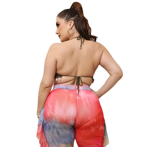 Women's crochet halter top with shells and tie-dye printed slim fit trousers set