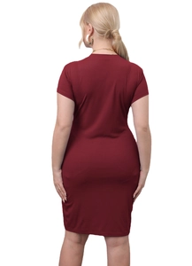 Slim fit dark red ribbed knit dress with short sleeves and back slit for women