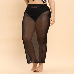 Plus size black sheer mesh maxi skirt with high elastic waistband for beach vacation style