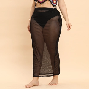 Women's black sheer mesh maxi skirt with elastic high waist for beach cover-up styling