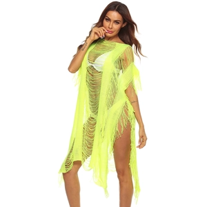 Close-up of neon yellow hollow-out crochet knit beach cover-up with long hanging tassels
