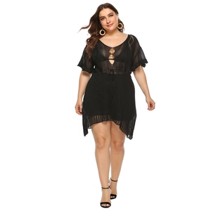 Detailed view of black crochet hollow-out mesh beach dress with adjustable drawstring waist