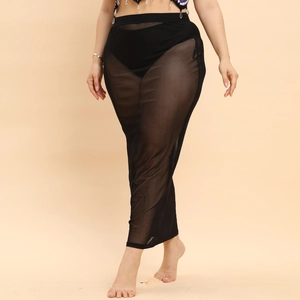 Detail view of sheer black mesh maxi skirt with a high waist cut and soft texture
