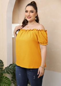 Haut grande taille jaune moutarde à épaules dénudées avec volants et texture