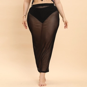 Black sheer mesh maxi skirt for women with elastic waistband and matching high-waist shorts