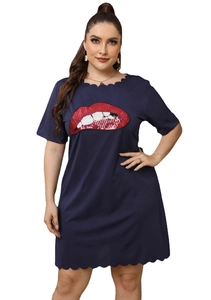 Robe Grandes Tailles pour Femmes avec Bords Festonnés Manches Courtes Patch Lèvres en Paillettes Décontractée Ample Ligne A