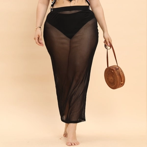 Women's Plus Size Sexy Black Sheer Mesh Maxi Skirt High Waist See Through Beach Cover Up Long Skirt Bohemian Vacation Wear