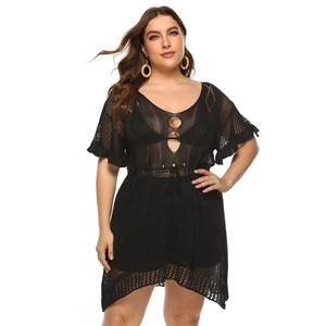 Women's black crochet cutout beach cover-up dress with deep V-neck and bohemian details