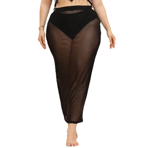 Women's plus size sheer mesh beach maxi skirt in black with elastic waist design