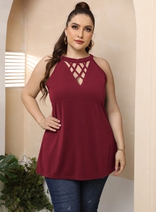 Detail of burgundy V-neck cutout with geometric crisscross straps on plus size tank top