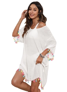 White Bohemian beach cover-up dress with colorful tassel trim for summer vacation