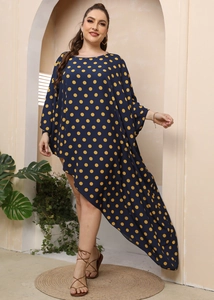 Copricostume Bikini da Spiaggia Donna Taglie Forti Abito Maxi Pois Asimmetrico Manica a Pipistrello Lungo Casual Boho