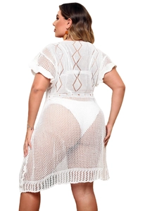 White plus size crochet beach dress with irregular hollow out design and short sleeves
