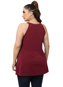 Women's burgundy halter sleeveless top with hollow-out burnout detail and long A-line hem