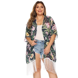 Deep blue floral chiffon kimono cardigan with pink flowers and white fringe tassels
