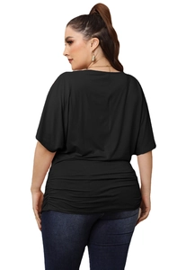 Women's plus size black T-shirt with batwing sleeves and side ruching back view