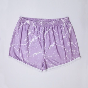 Detailed view of women's purple marble print beach shorts with elastic waist and white trim
