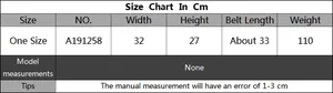 Size chart for handmade crochet handbag with width, height and weight specifications