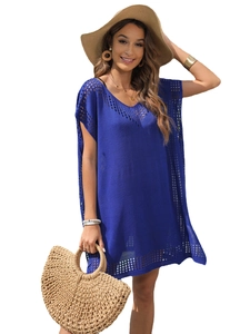 Women Crochet Beach Cover Up Dress Sexy V Neck Hollow Out Knit Summer Vacation Loose Solid Color Short Sleeve Midi Dress