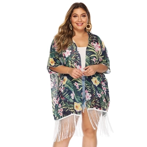 Navy floral chiffon kimono with tropical leaf prints and white tassel fringe detail