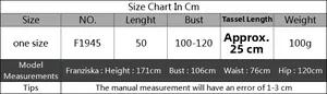 Size chart for boho fringe bikini top featuring measurements in centimeters and model info