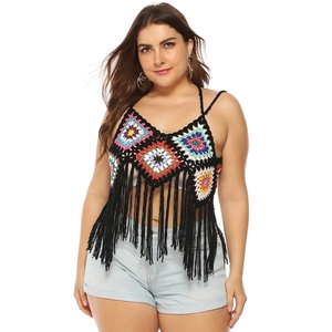 Bohemian crochet halter top with colorful patchwork and long fringe tassels