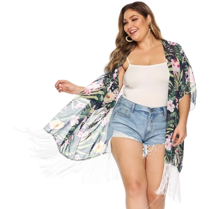Plus size floral chiffon kimono cardigan with tropical print and white fringe hem