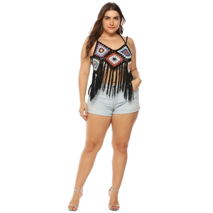 Bohemian style colorful crochet halter top with long black fringe for summer festivals