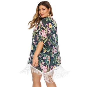 Floral print chiffon beach cover-up with tassels and tropical palm leaf pattern