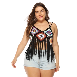 Bohemian black crochet bikini top with colorful patterns and long fringed tassels
