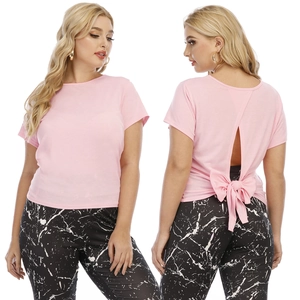Rosa Kurzarm T-Shirt mit sexy rückenfreiem V-Ausschnitt und schickem Schleifen-Detail